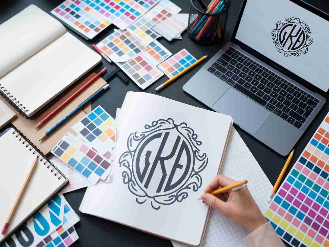 Una imagen que ilustra desde el concepto hasta la finalización de una guía paso a paso para el diseño de monograma