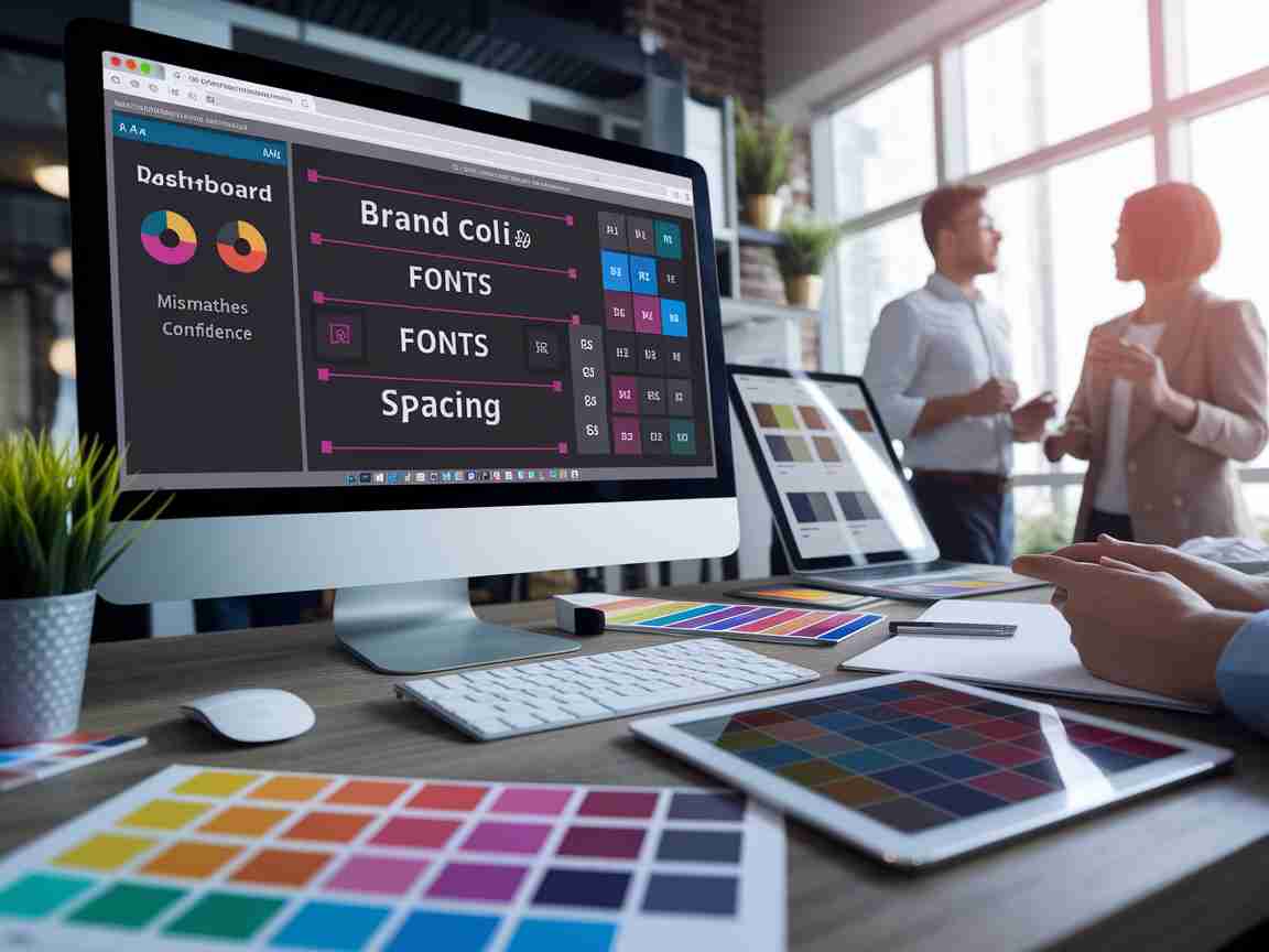 Una imagen que ilustra el QA de diseño automatizado que usa IA para atrapar las fuentes y espacios de colores de la marca., AI Design QA, consistencia de la marca, cumplimiento automatizado