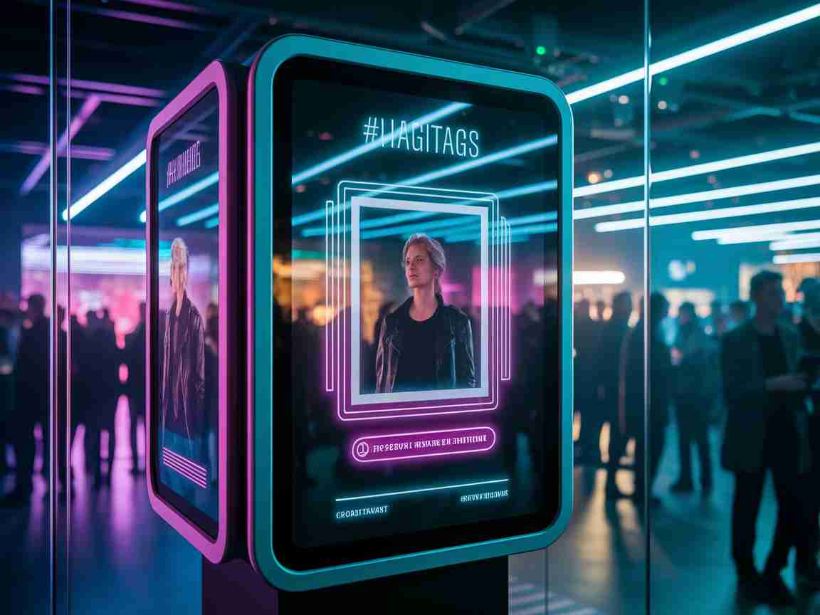 Una imagen que ilustra datos en tiempo real en plantillas de fotomatón: Hashtags en vivo, Marcas de tiempo, y nombres con JS simple